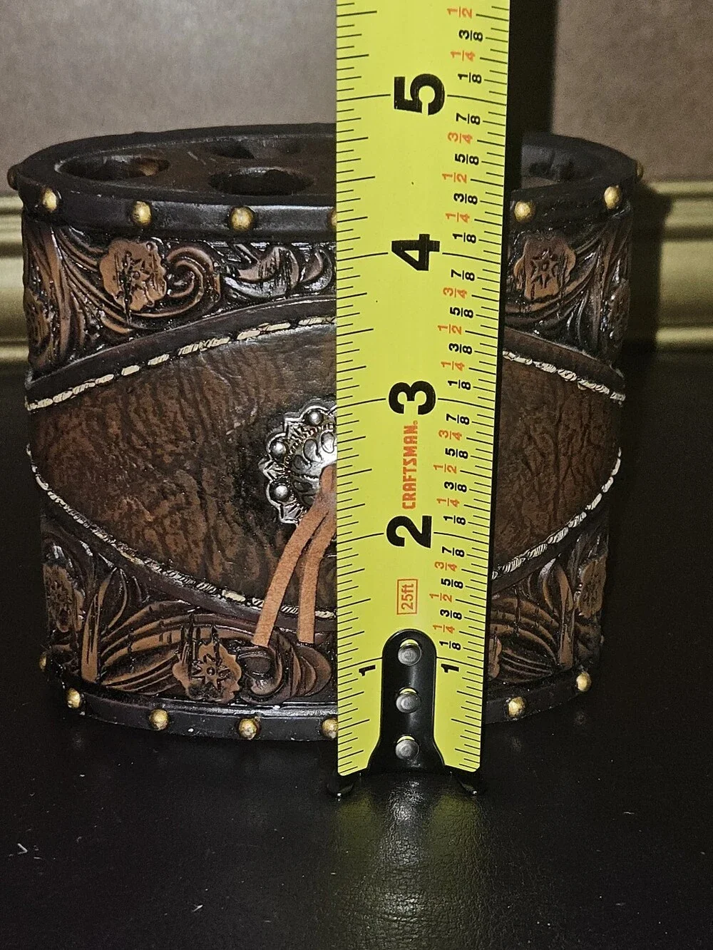 Equestrian Themed Tooled Leather & Carved Resin Toothbrush Caddy